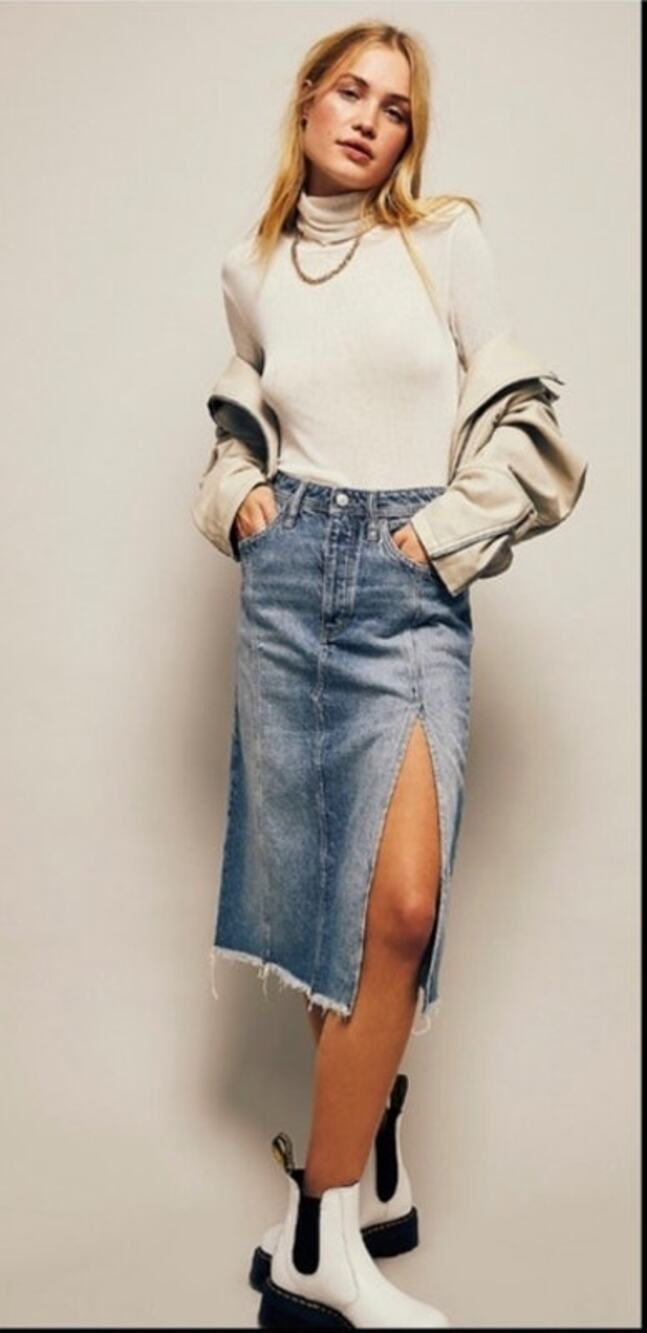 Free People Blue Maxi denim Skirt with Side slits and frayed hem size 4